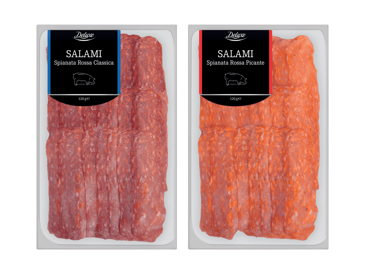 Zwei Packungen Deluxe Salami Spianata Rossa, eine klassisch und eine pikant, je 120g.