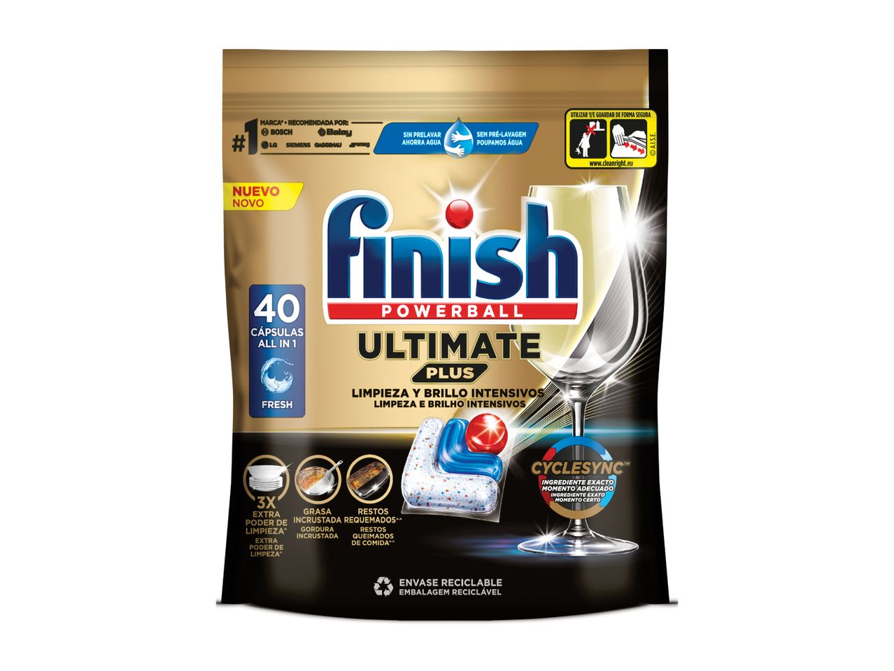 Embalagem de Finish Powerball Ultimate Plus com 40 cápsulas para máquina de lavar loiça.