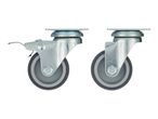 Two grey swivel casters, one with a brake, on a white background.
