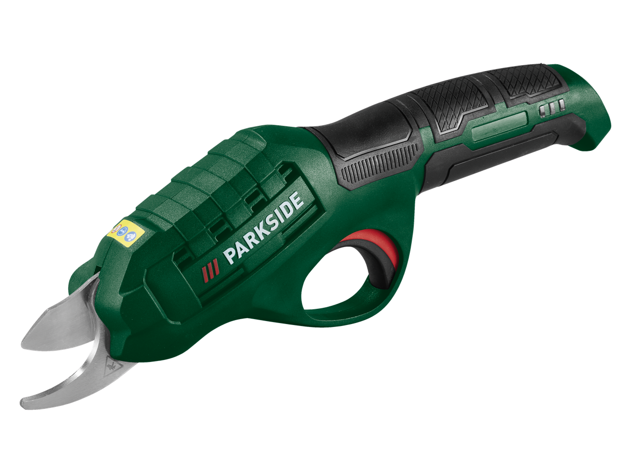 Zaļas elektriskās atzarošanas šķēres ar melnu rokturi un sarkanu sprūdu