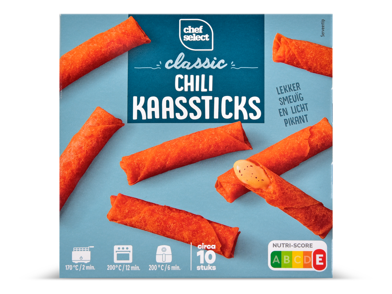 Verpakking van chili kaassticks met bereidingsinstructies en Nutri-Score E.