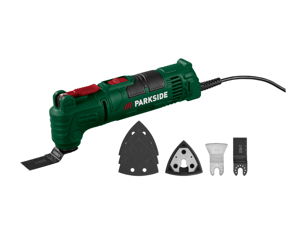 Outil multifonction oscillant vert avec accessoires de ponçage et de coupe.