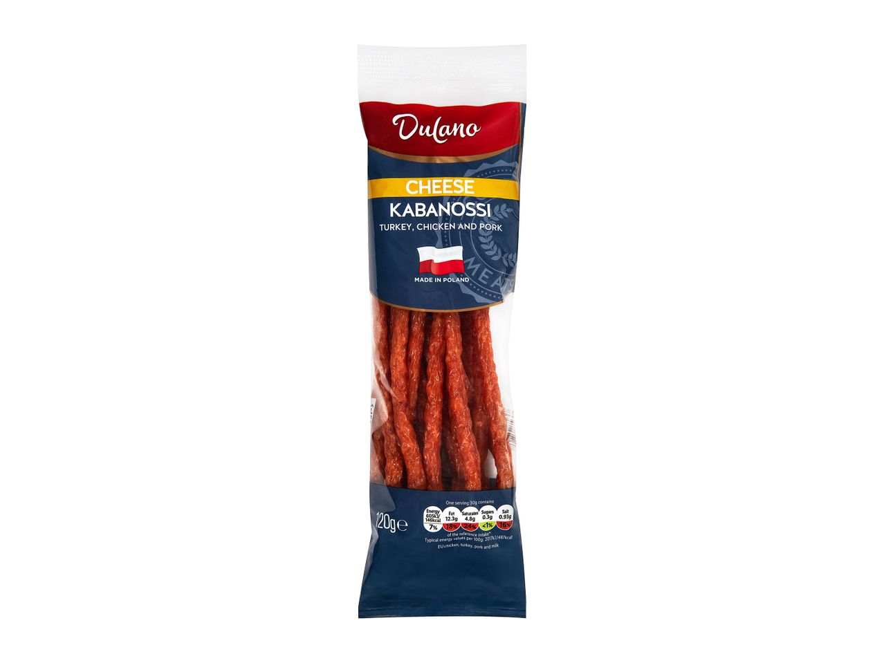 Dulano Cheese Kabanosi: Turkey, chicken and pork sausages made in Poland.