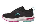 Black and pink athletic shoe with teal accents on a white background.