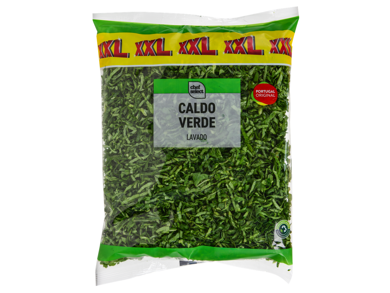 Chef Select Caldo Verde XXL, couve lavada numa embalagem transparente com rótulo amarelo e verde.
