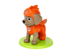 En brun hundefigur i orange redningsudstyr med en grøn base.