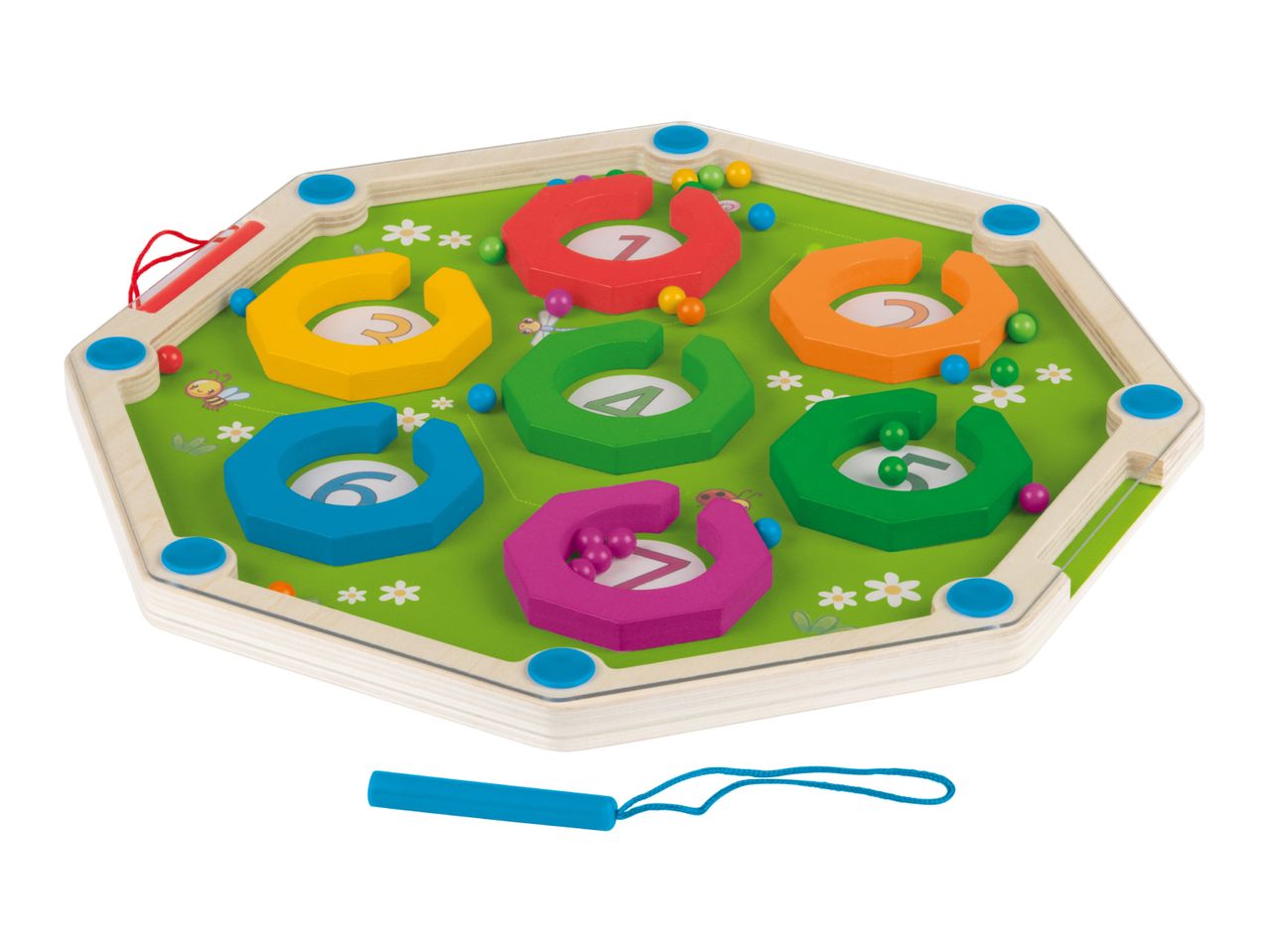 Wooden hexagonal maze board with colorful numbered obstacles and magnetic wand.