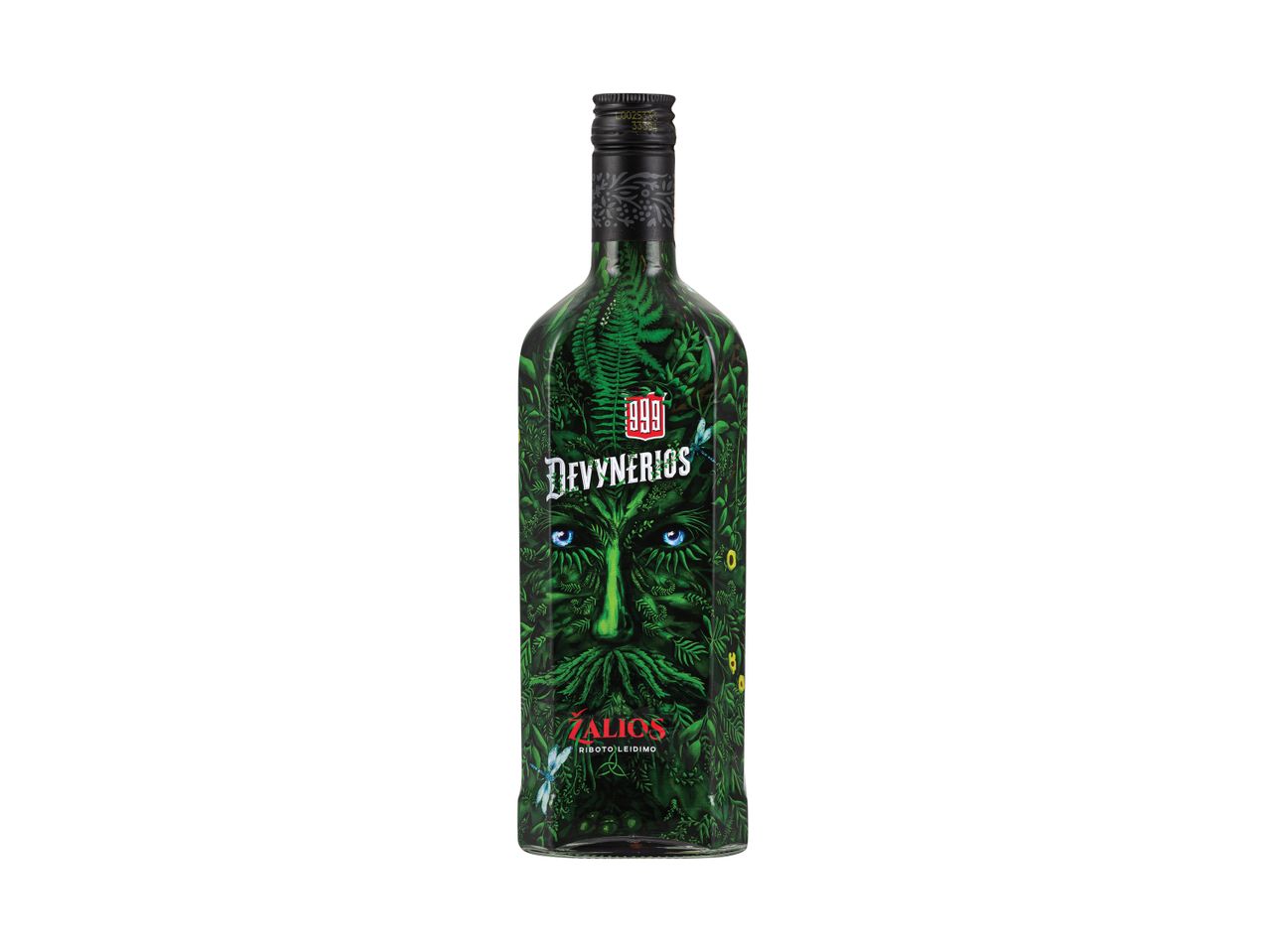 Devynerios Žalios butelis, likeris su botaniniu dizainu.