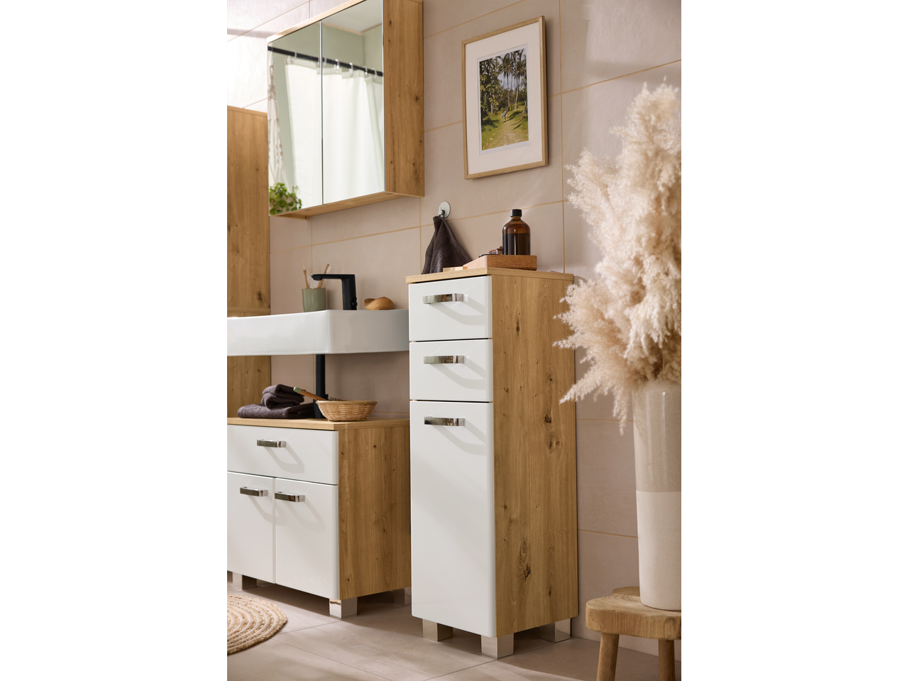 LIVARNO washbasin cabinet with mirror cabinet and tall cabinet in wood and white.
