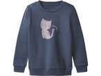Felpa blu scuro con stampa di gatto grigio e scritta 'meow'.