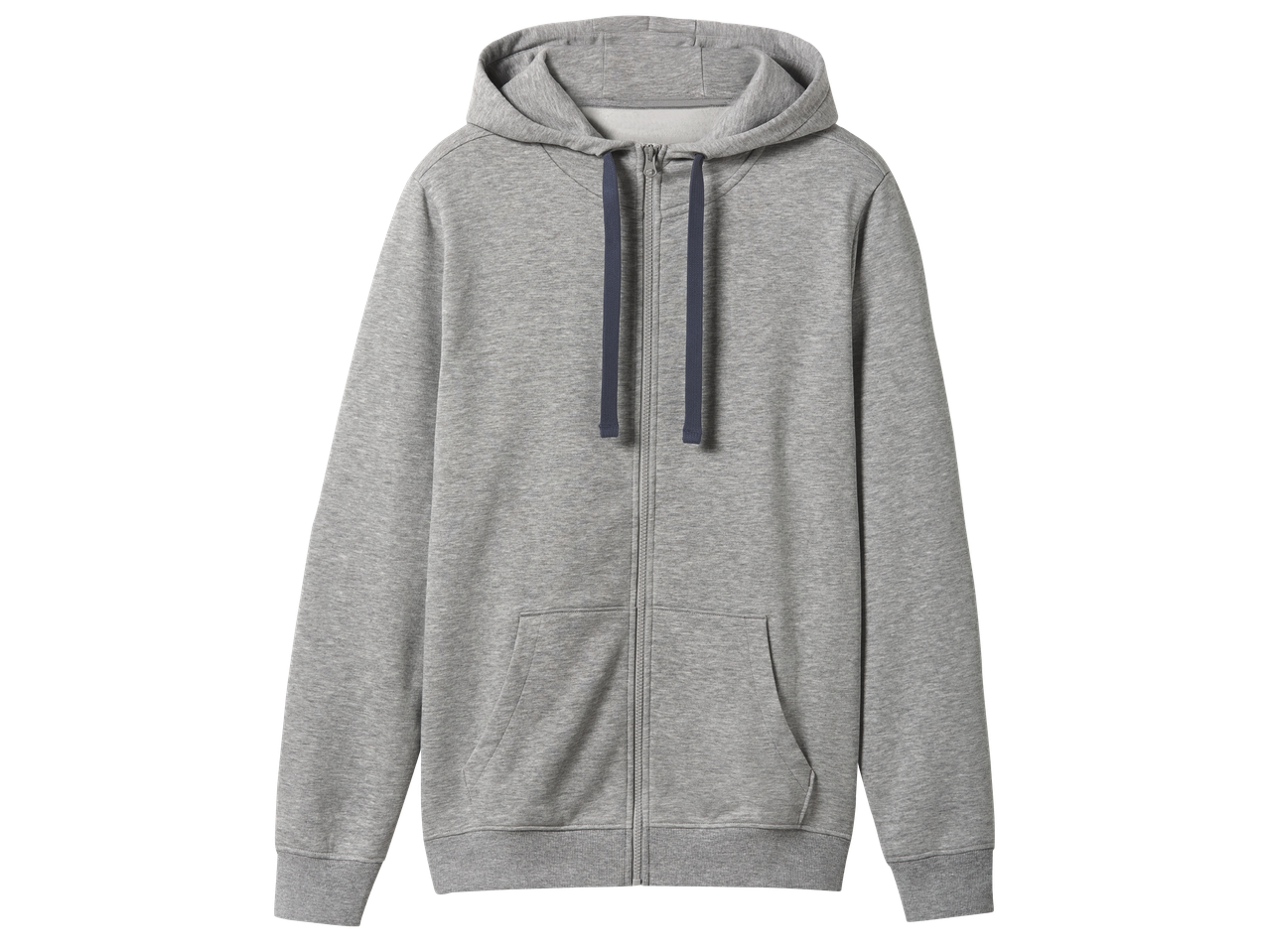 Сив суитшърт с качулка и цип, с тъмносини връзки и предни джобове.
