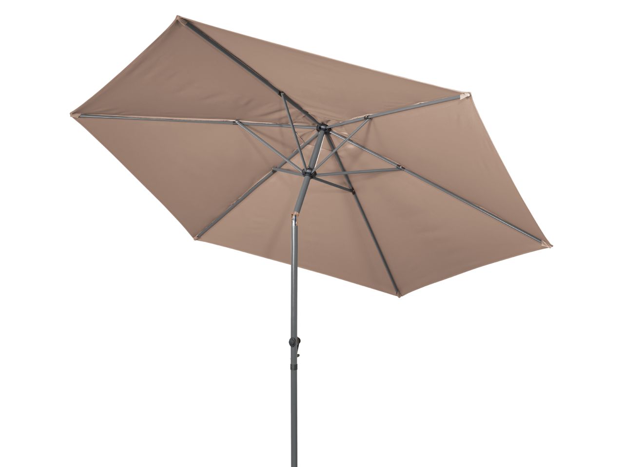 Beige rectangular patio umbrella with a grey frame, angled against a white background.