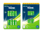 Zwei Packungen Tronic wiederaufladbare Batterien (AA und AAA) mit Spezifikationen.