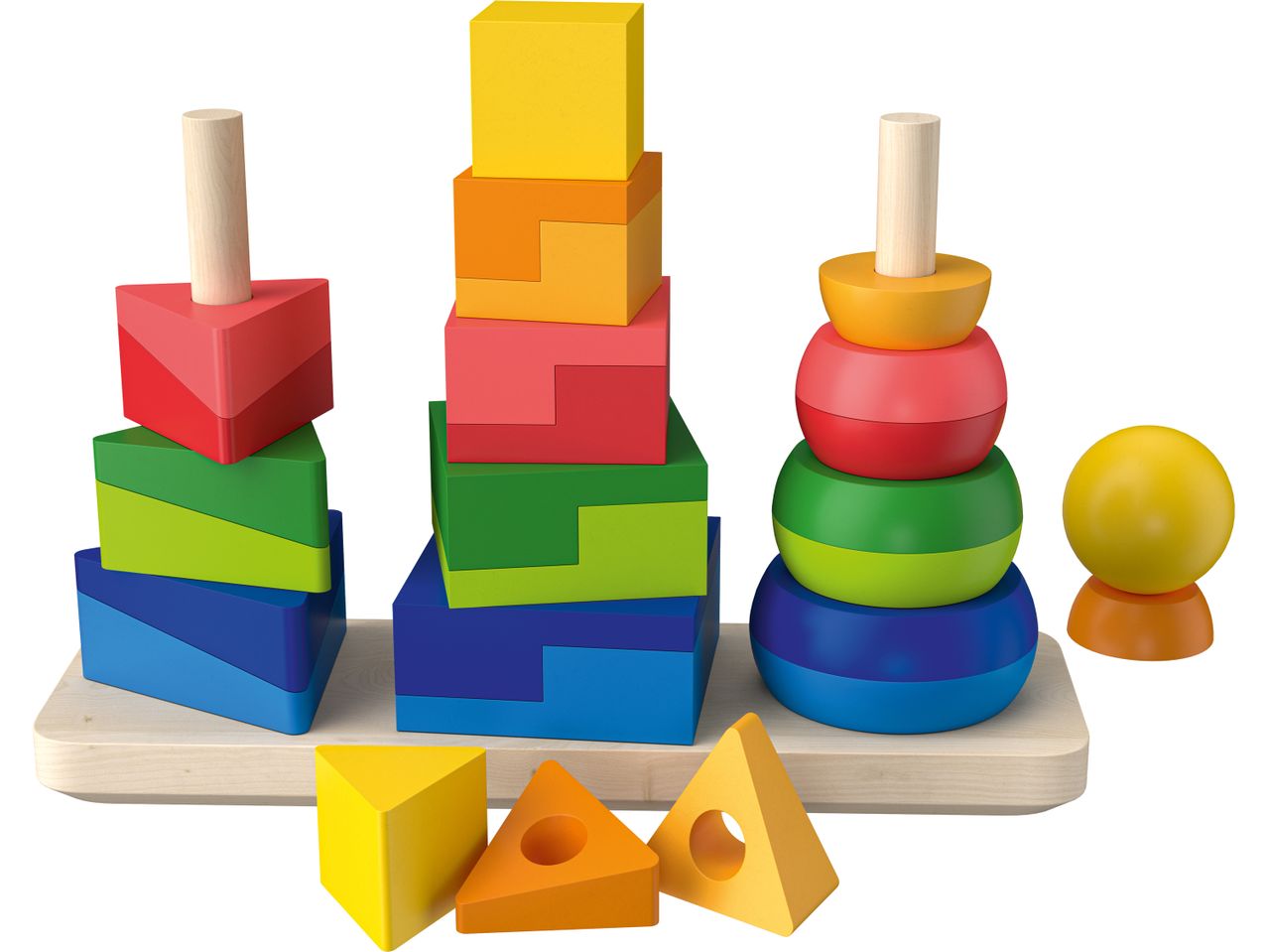 A colorful wooden stacking toy set with geometric shapes and a base.