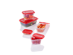 A set of red-lidded plastic food containers holding various vegetables.