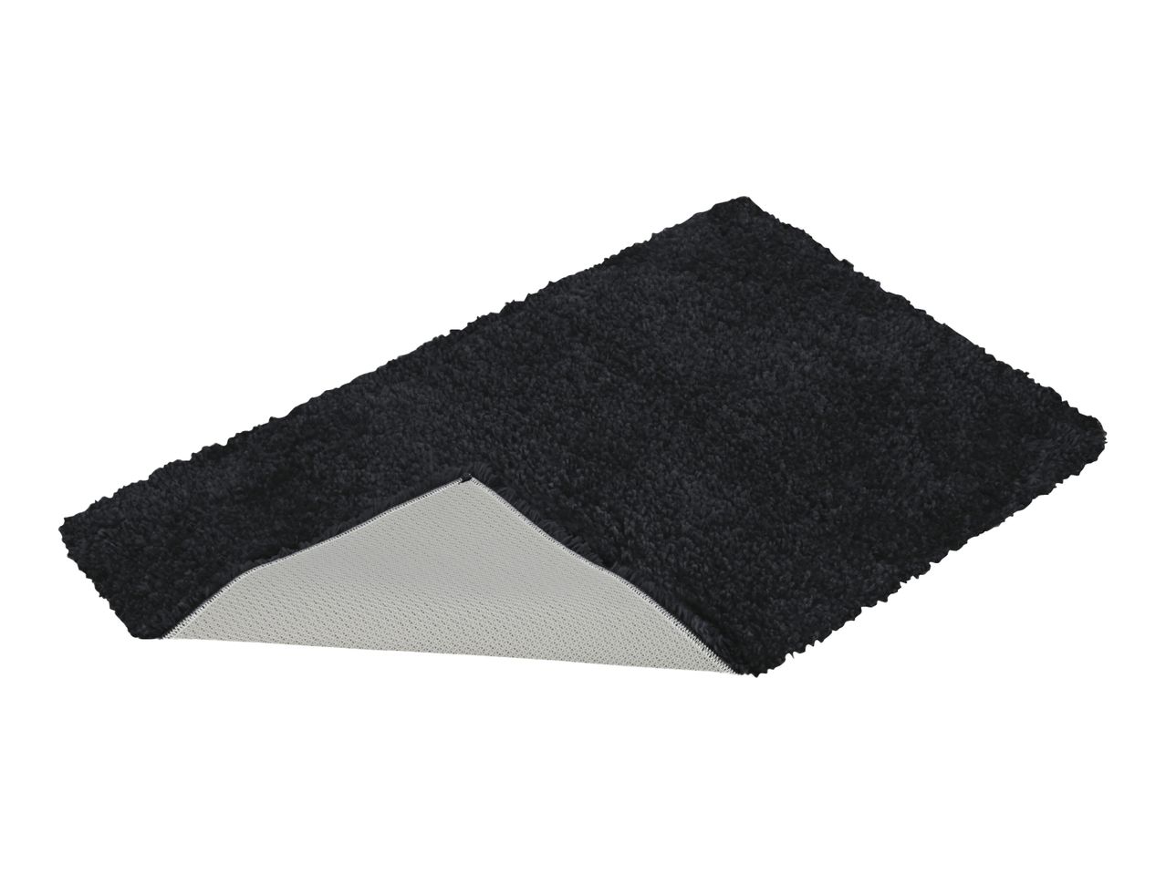 Black bath mat with a non-slip backing, partially folded to show the underside.
