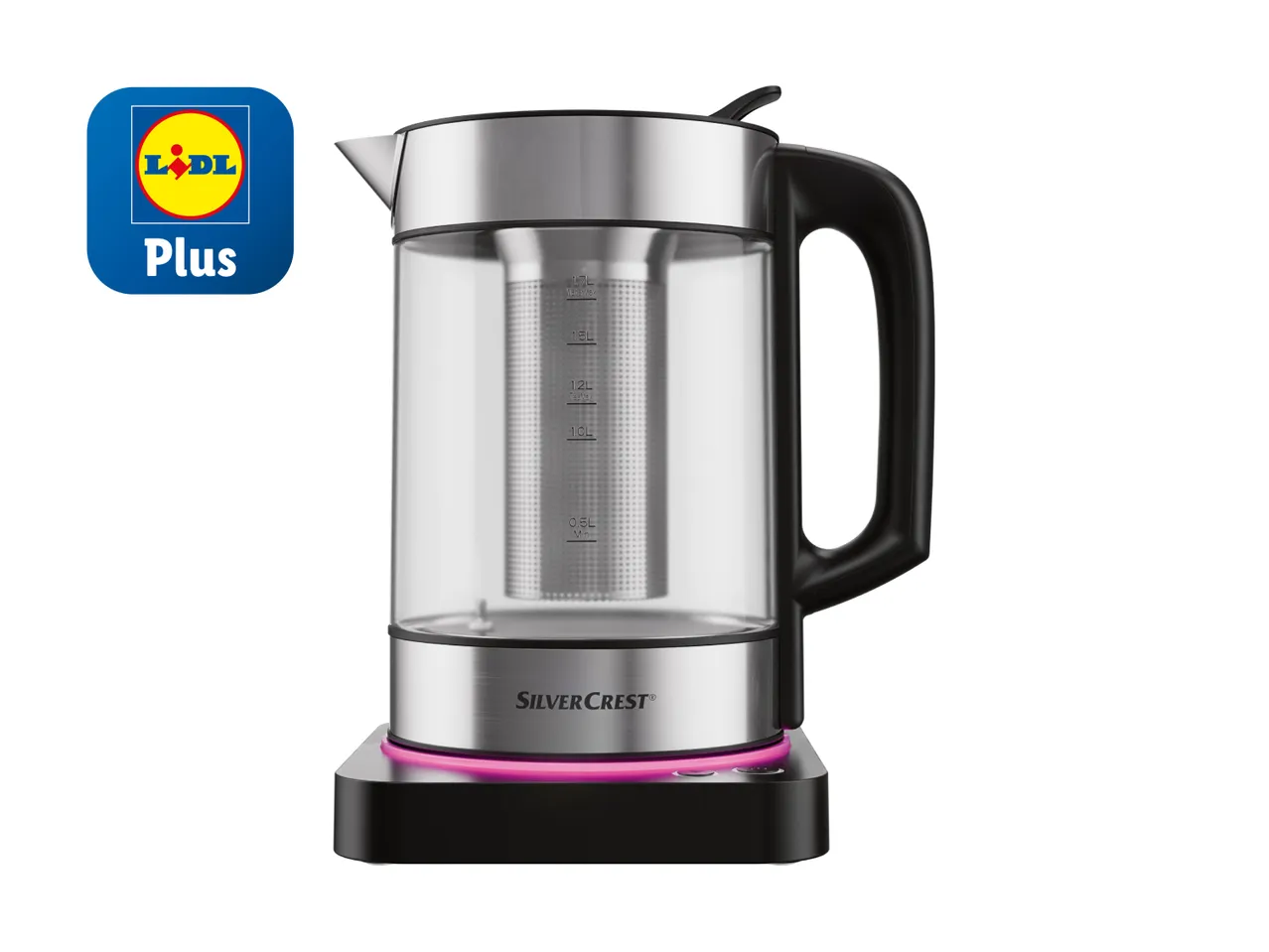 Silvercrest Lidl Wasserkocher mit beleuchteter Basis.