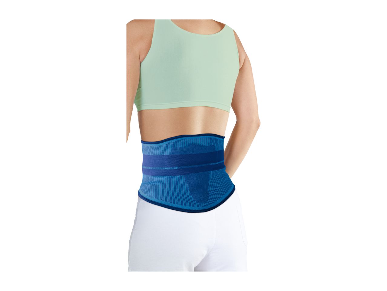 Woman from behind wearing a light green sports bra and a blue back support belt.