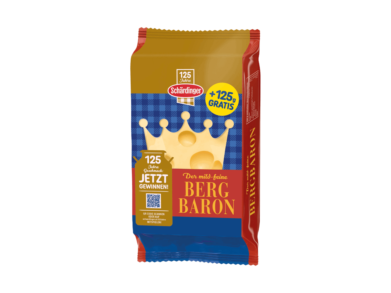 Schärdinger Bergbaron Käseverpackung mit 125g gratis und Gewinnspiel-Hinweis.