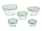 Set of five glass storage containers with light green lids.