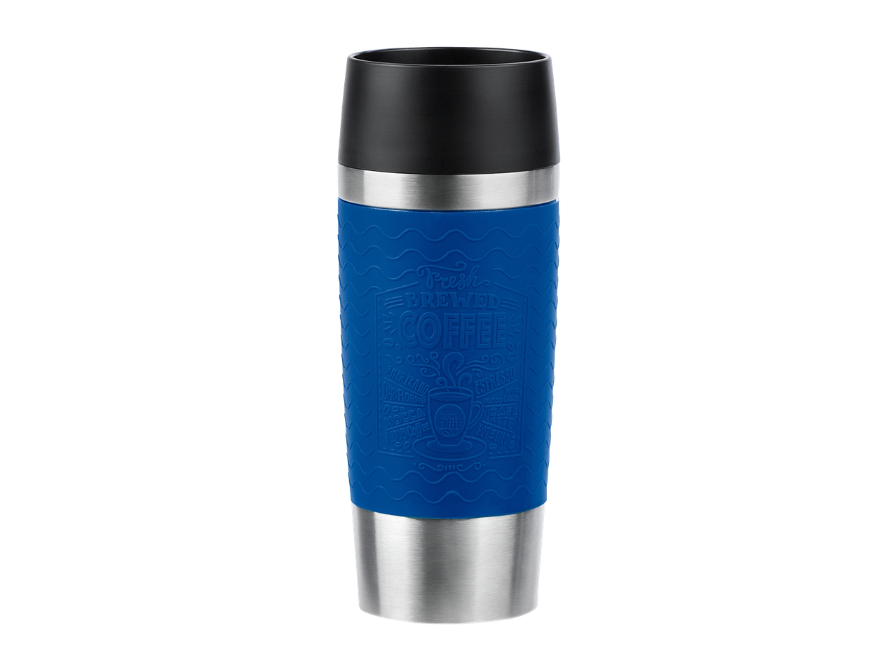 Blue travel mug with a black lid and a coffee-themed design.