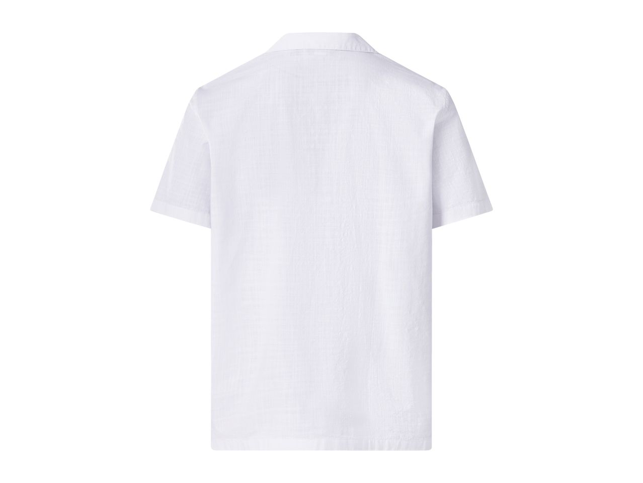 Back view of a white short-sleeved shirt with a collar, made from a textured fabric.
