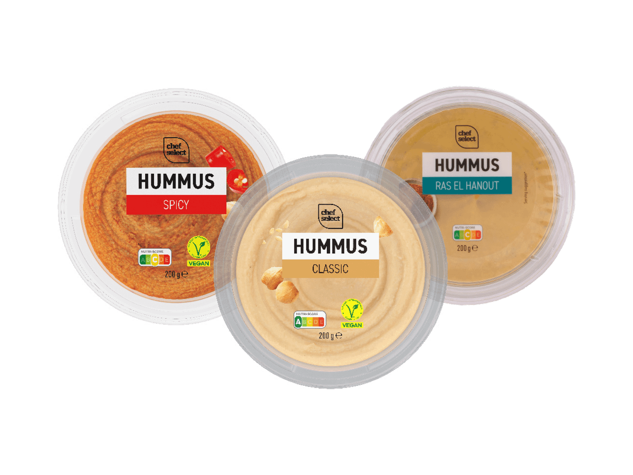Tri pakovanja humusa: ljuti, klasični i ras el hanout, sa oznakama Nutri-score i Vegan.