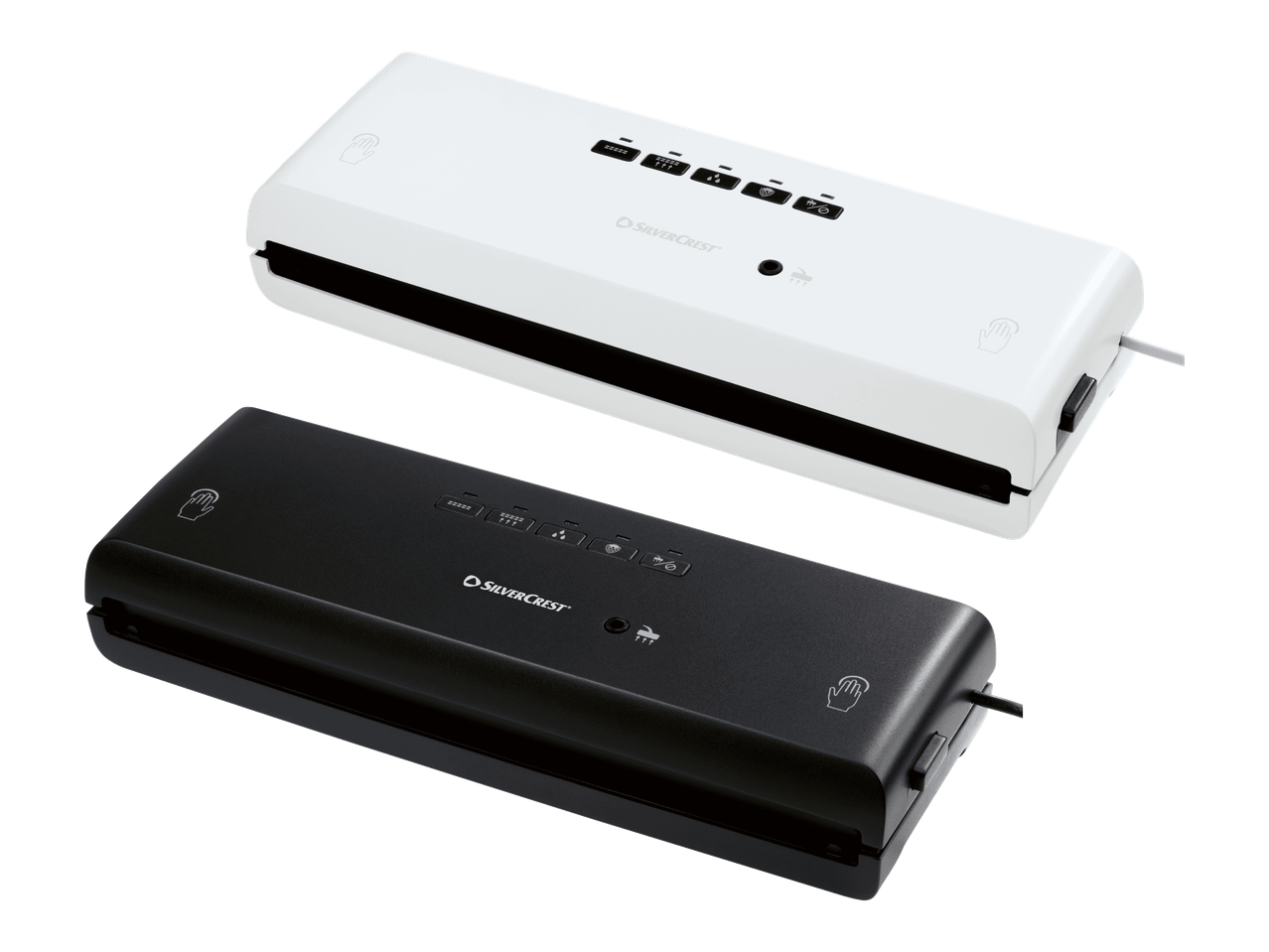 Kaksi tyhjiöpakkauslaitetta, toinen valkoinen ja toinen musta, joissa on ohjauspainikkeet.