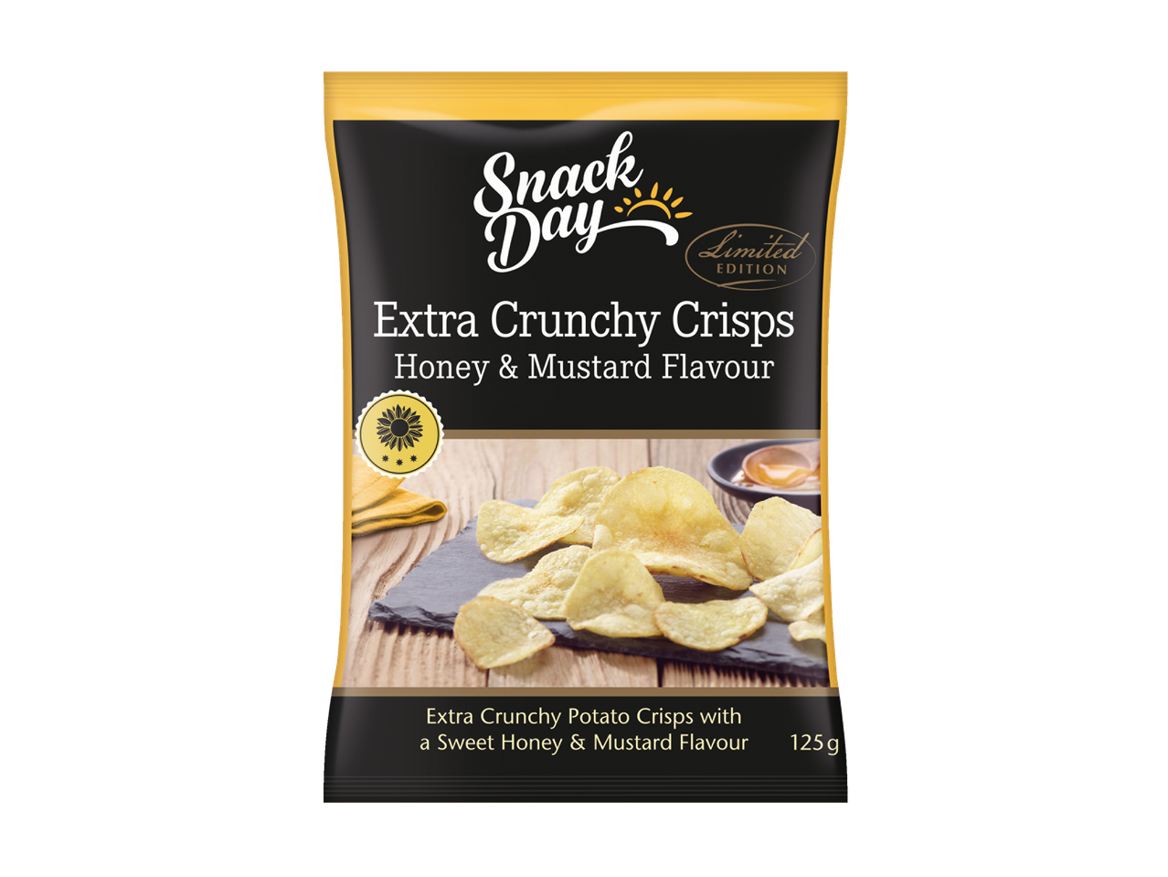 Snack Day: Ļoti kraukšķīgi čipsi, medus un sinepju garša, ierobežots izdevums.