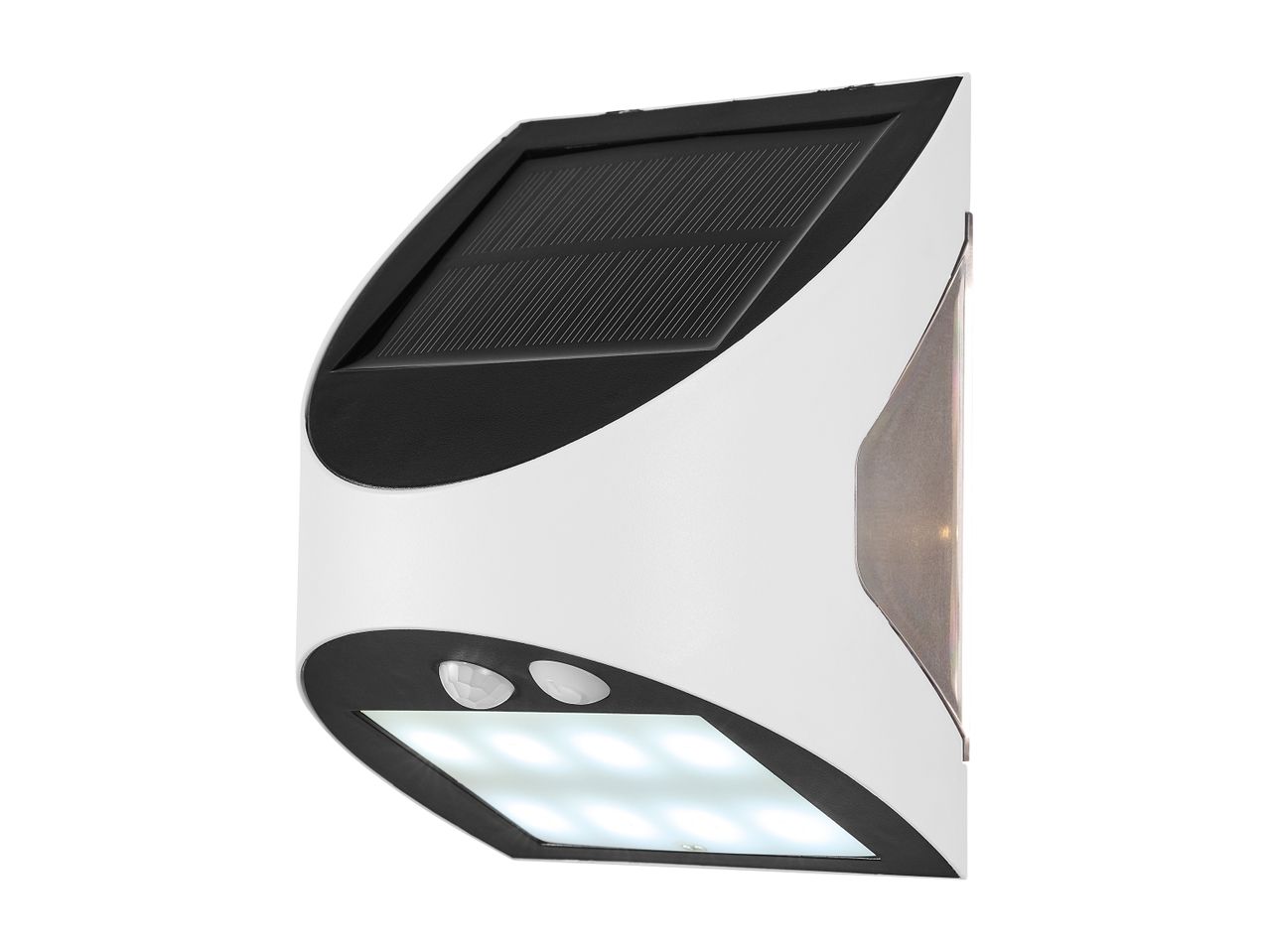 Bela solarna stenska svetilka s senzorjem gibanja in LED lučmi.