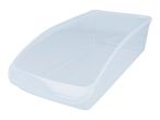 Clear plastic storage container with a sloped front