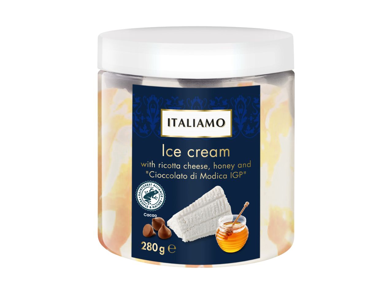 ITALIAMO Eiscreme mit Ricotta, Honig und Modica IGP Schokolade.