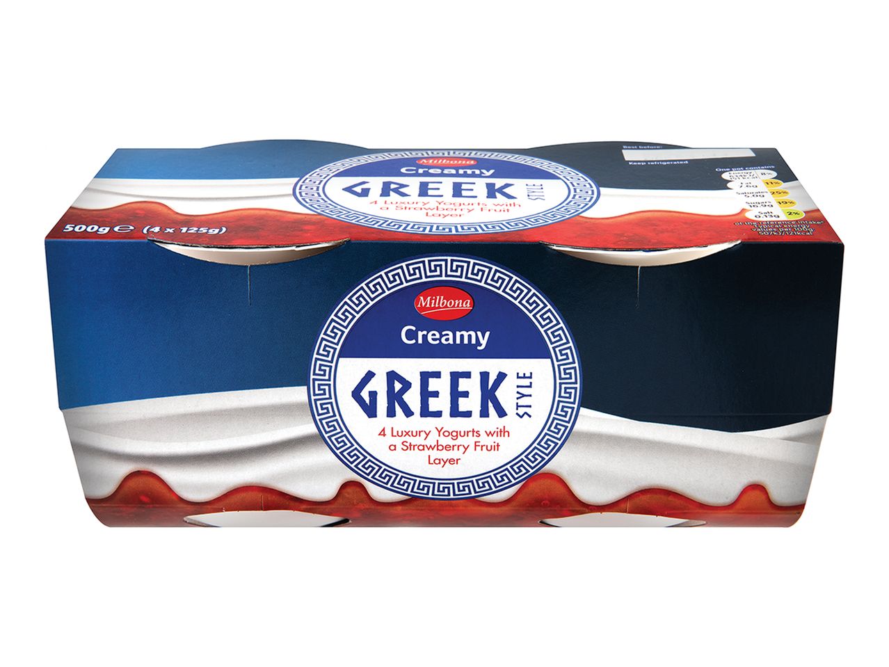 4 Milbona creamy Greek style yogurts with strawberry fruit layer.