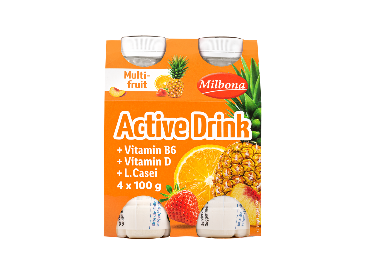 Milbona Active Drink: daugivaisis gėrimas su vitaminais B6, D ir L.Casei.