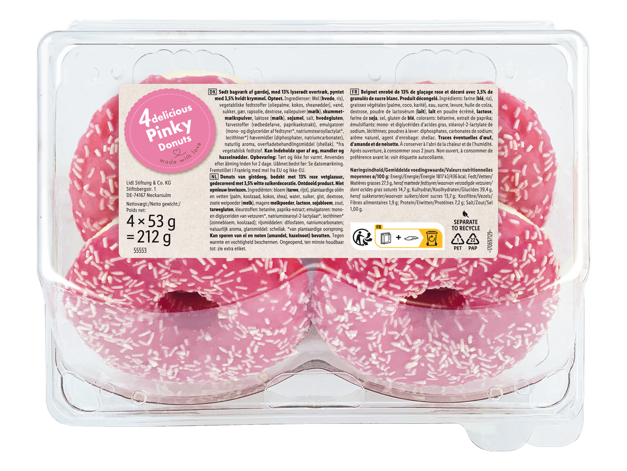 Vier roze Lidl Pinky Donuts in een plastic verpakking.