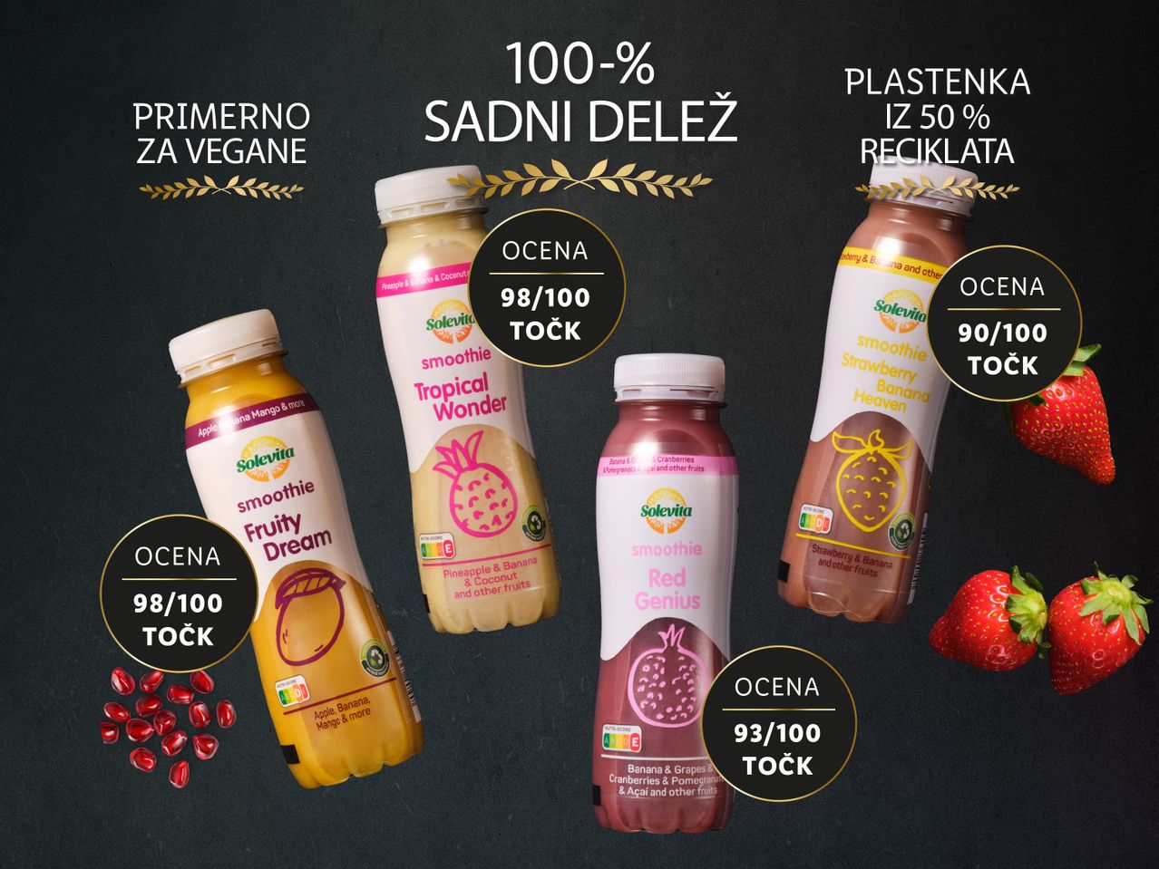 Solevita smoothiji: tropski, sadni, rdeči, ocenjeni z 90-98/100 točkami.