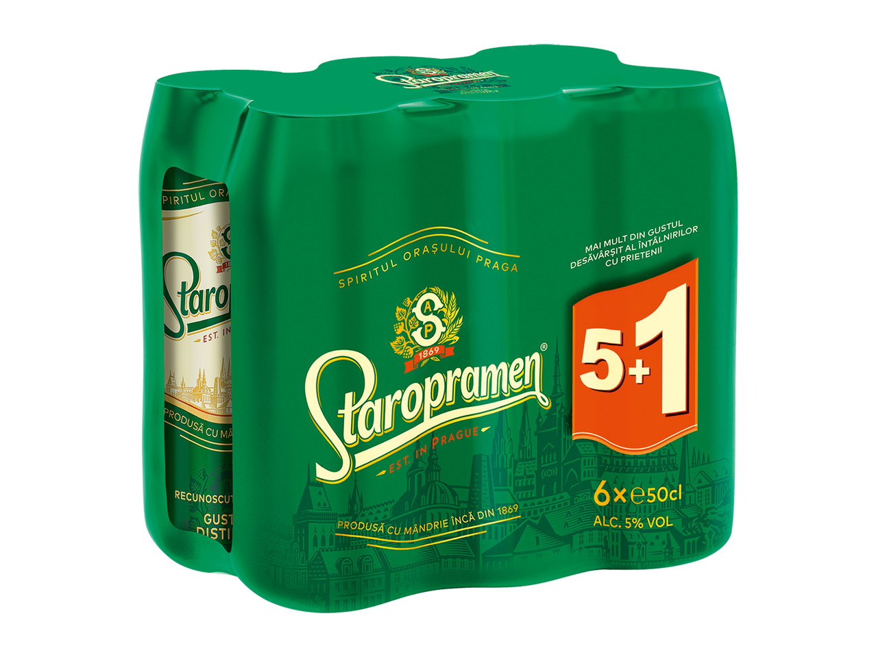 Pachet de șase beri, 5+1 gratuit, cu 5% alcool, în ambalaj verde cu detalii aurii.