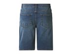 Back view of blue denim shorts with pockets and belt loops.