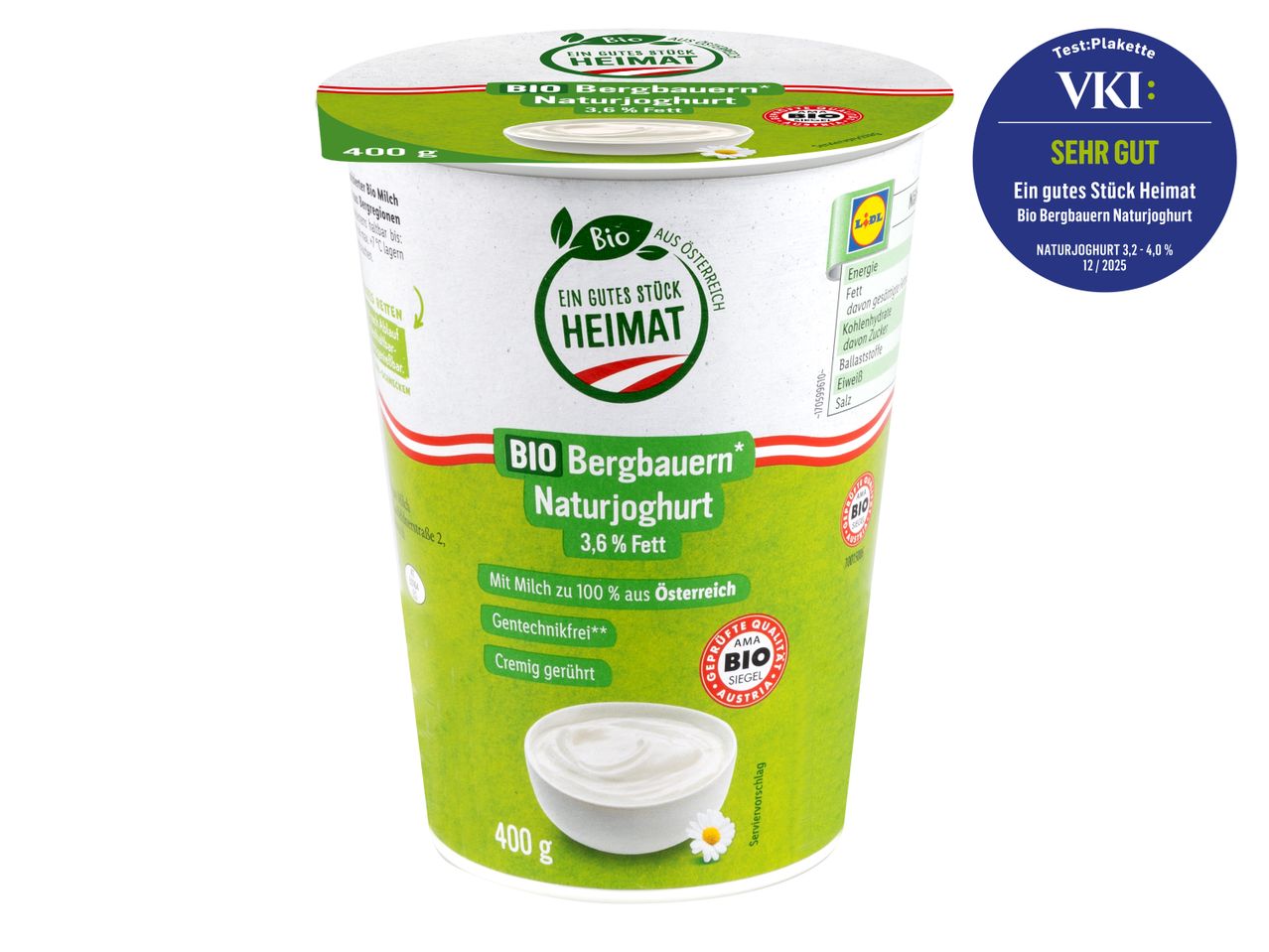 Lidl Bio Bergbauern Naturjoghurt 3,6% Fett, 400g, mit VKI-Siegel „SEHR GUT“.