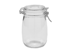Eine leere Glasdose mit Metallverschluss.