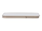 A beige rectangular container with a white lid, viewed from the side.