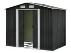 Dark grey metal garden shed with open double doors and vents