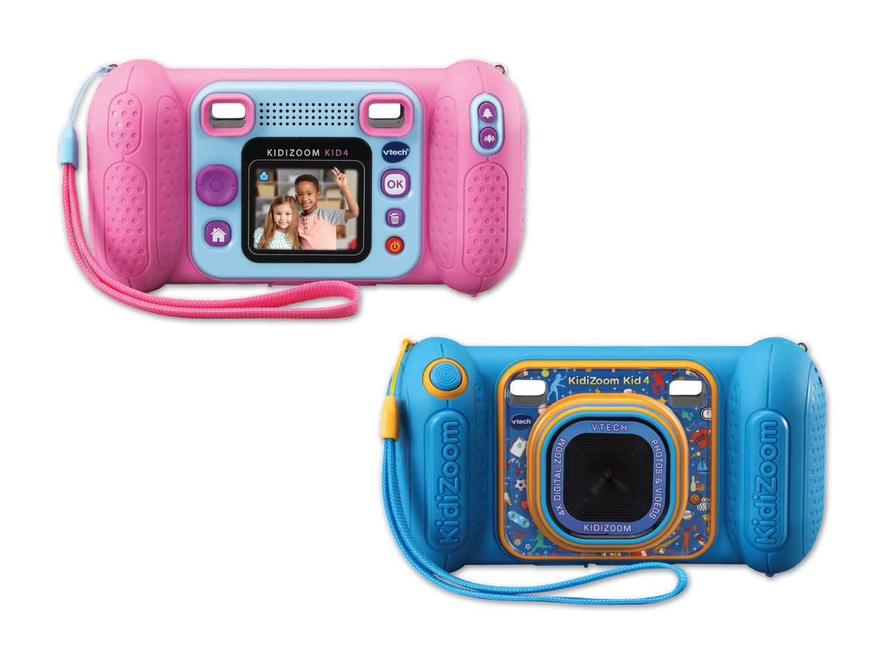 Zwei VTech Kidizoom-Kameras in Rosa und Blau.