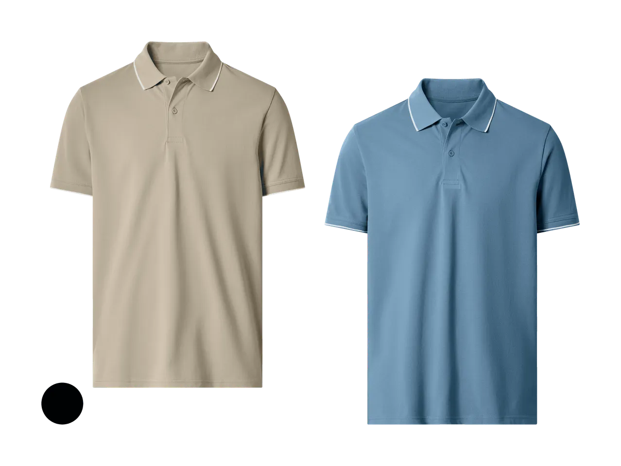 Zwei Herren-Poloshirts, eines in Beige und eines in Blau, mit weißen Streifen an Kragen und Ärmeln.