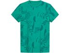 A green t-shirt with a dark green tropical leaf pattern.