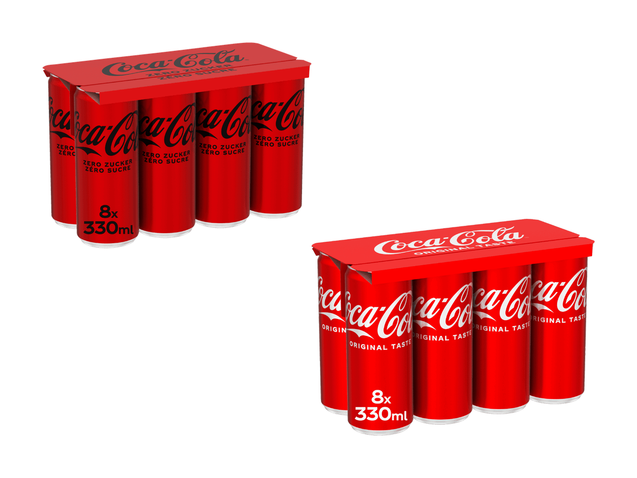 Zwei 8er-Packs Coca-Cola Dosen, einmal Zero Zucker und einmal Original Taste.