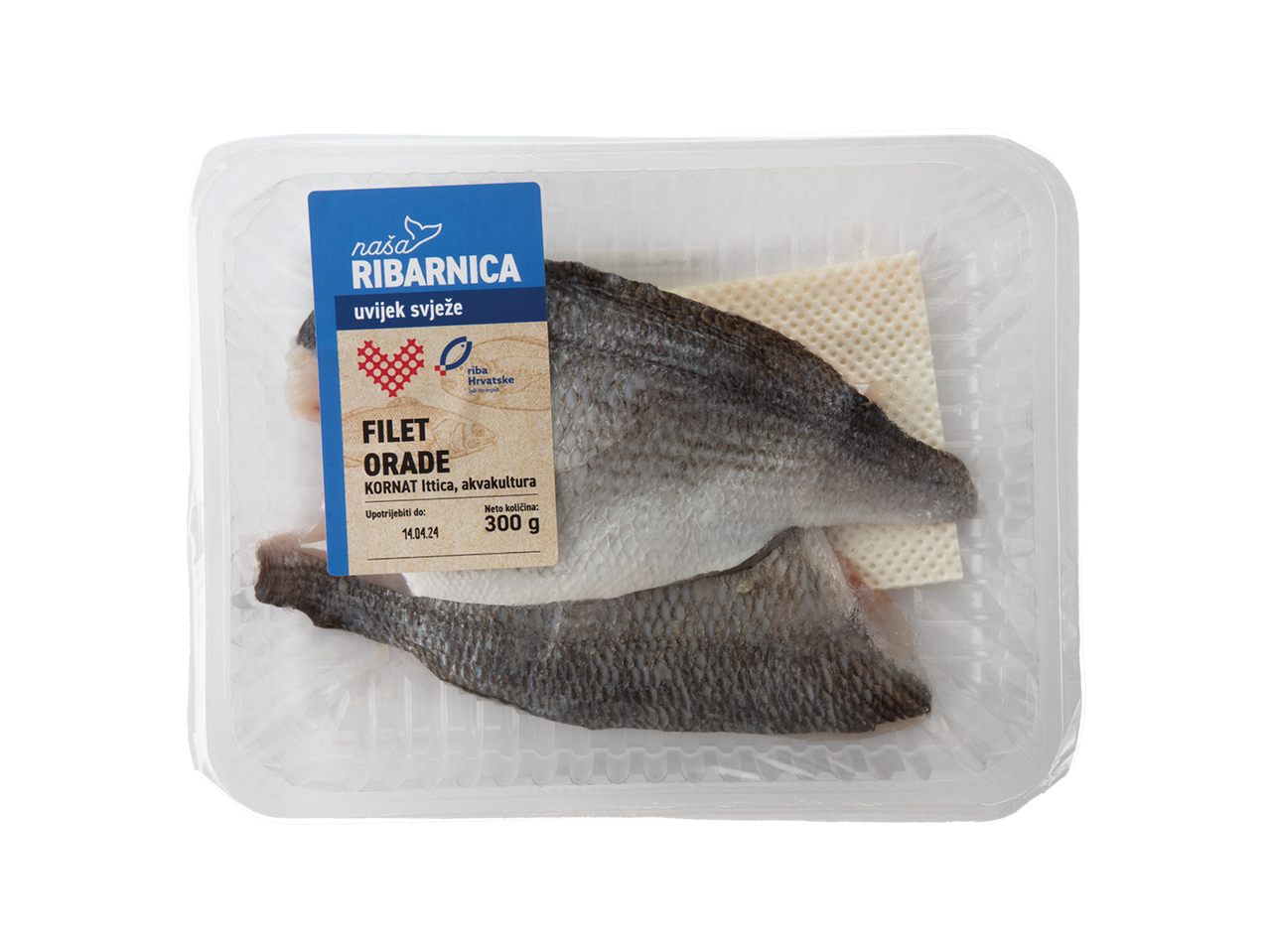 Pakiranje fileta orade marke Naša Ribarnica, neto težine 300g, s rokom trajanja do 14.04.24.