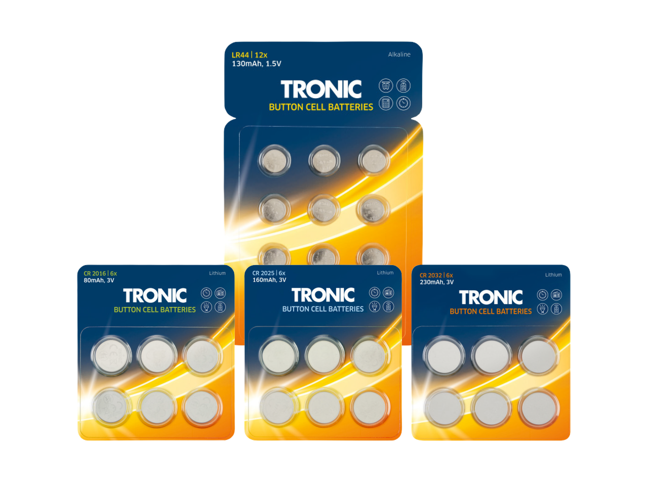 TRONIC gumbaste baterije: LR44 alkalne i CR2016, CR2025, CR2032 litijske.