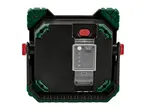 Black and green portable work light with a red power button and USB input