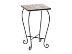 Mosaic-top table with metal frame.